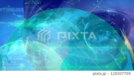 Image of networks of connections and globe over woman wearing vr headset 128307709