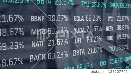 Image of financial data processing over shop interiors Image of financial data processing over shop interiors 128307745