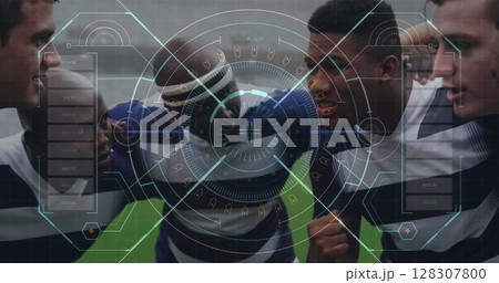 Image of digital interface with safe lock rotating over rugby players 128307800