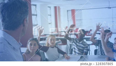 Image of mathematical equations over schoolchildren learning 128307805