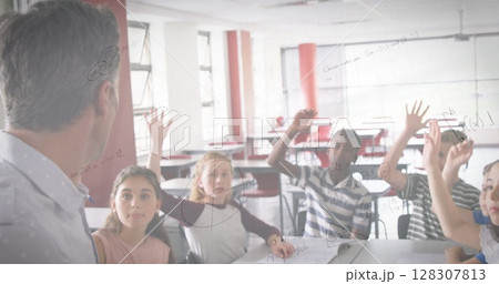 Image of mathematical equations over schoolchildren learning 128307813