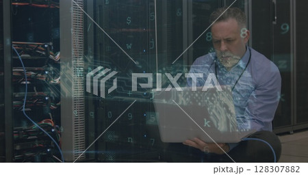 Image of data processing with cyber attack warning over technician and computer servers 128307882