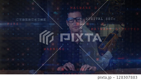 Image of data processing with cyber attack warning over hacker and computer technician Image of data processing with cyber attack warning over hacker and computer technician 128307883