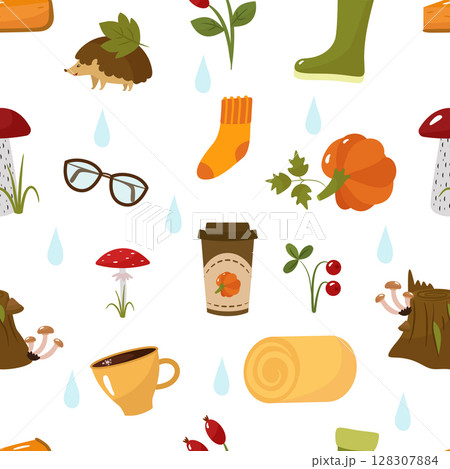 Autumn seamless pattern. Cartoon pictures of a hedgehog, glasses, socks, pumpkin, latte, mushrooms, boots, wood, rose hips, hay. Vector illustration. For design or decoration, printing on paper or 128307884