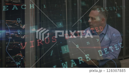 Image of data processing with cyber attack warning over technician and computer server 128307885