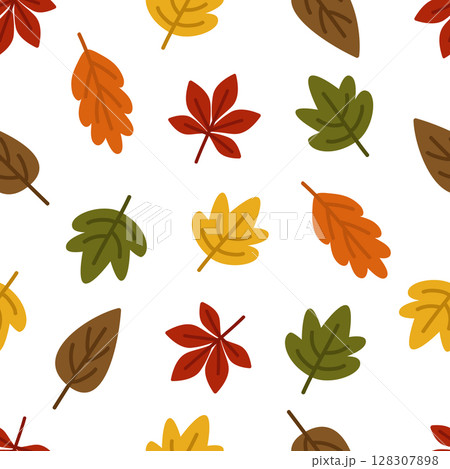 Autumn leaves of oak, maple trees seamless pattern on a white background. Vector illustration in a flat style for a website, printing on paper, fabric, packaging. 128307898