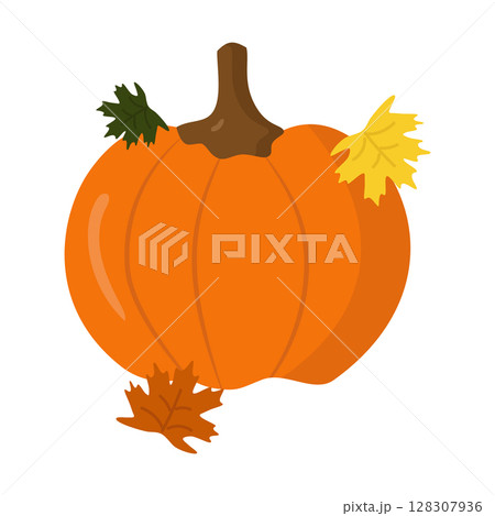 Orange ripe pumpkin with autumn leaves. Vector. In the style of hand drawing. 128307936