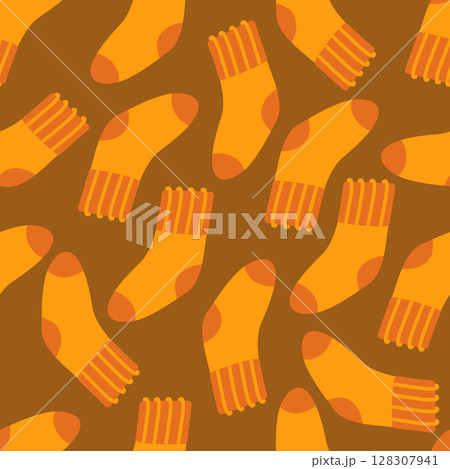 Wool socks orange autumn seamless pattern on a brown background. Vector illustration in a flat style for printing on paper, fabric, packaging, textiles. 128307941