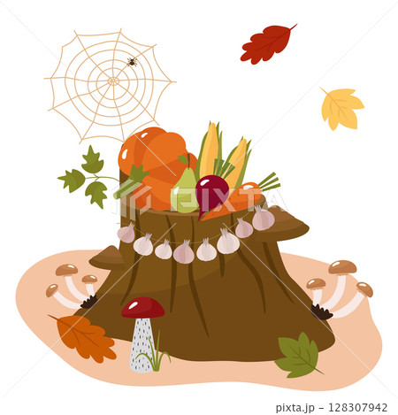 Autumn fruits and vegetables on a forest stump. Pumpkin, corn, apples, pears, mushrooms, garlic. Vector illustration for a postcard design or decor 128307942