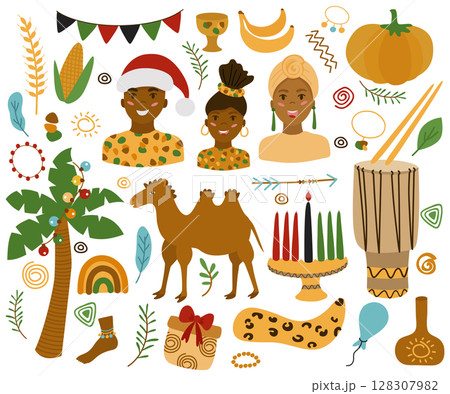Kwanza set of elements for the African Christmas and New Year traditional holiday. Kinara, candles, drum, spikelet, gifts, African family, flags, camel. Vector illustration. 128307982