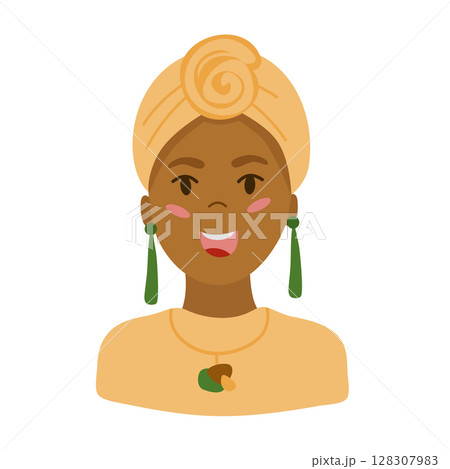 African American woman is a beautiful woman, wearing a traditional turban on her head with earrings and a necklace. Vector illustration isolated on a white background. African American woman is a beautiful woman, wearing a traditional turban on her head with earrings and a necklace. Vector illustration isolated on a white background. 128307983