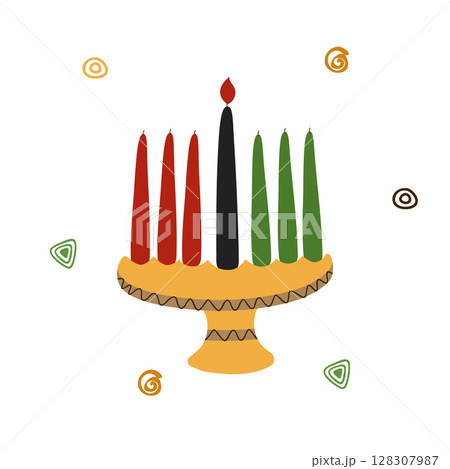 Kinara, a candlestick for seven candles for the Kwanza holiday. For the traditions of the African Christmas. Vector illustration isolated on a white background. Kinara, a candlestick for seven candles for the Kwanza holiday. For the traditions of the African Christmas. Vector illustration isolated on a white background. 128307987