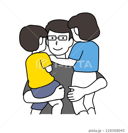 2人の子供を抱き抱える父親イラスト 128308045