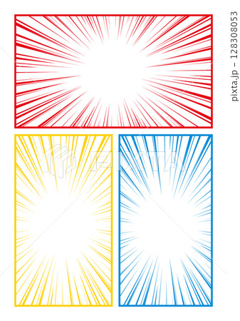 三分割　集中線　漫画風　コマ割り　赤　青　黄色	 128308053