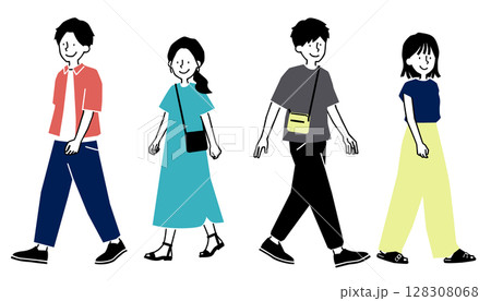 カジュアルな夏の服装で歩く男女のイラスト 128308068