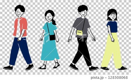 カジュアルな夏の服装で歩く男女のイラスト 128308068
