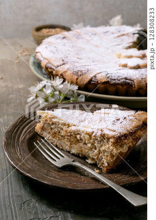 Homemade Rustic Cake Pastiera Napolitano With Flowers 128308233