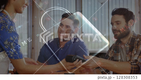 Image of network security padlock over people using payment terminal 128308353