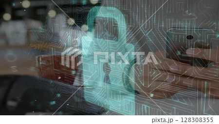 Image of network security padlock over people using payment terminal 128308355