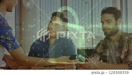 Image of network security padlock over people using payment terminal 128308359