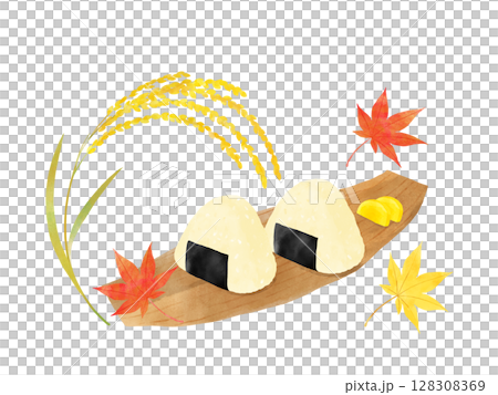 Set of rice ears, maple leaves and rice balls, watercolor 128308369