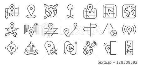 Location icon set. It included map, map pin, gps, destination, hidden place, distance, address and more icons.  128308392