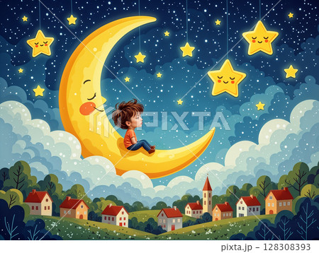 Child Sitting on Crescent Moon Surrounded by Stars and a Dreamy Village at Night 128308393