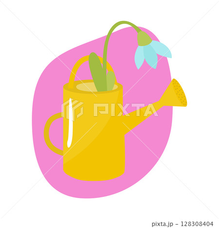 Spring flower of blue color in a vase watering can. Vector illustration for design, printing on paper or fabric. Isolated. 128308404