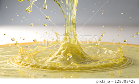 Water splashes create dynamic ripples in vibrant yellow liquid on a light background 128308428