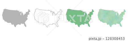 アメリカ合衆国の地図シルエットセット(グレー・線画・グリーン・水彩風) アメリカ合衆国の地図シルエットセット(グレー・線画・グリーン・水彩風) 128308453