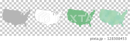 アメリカ合衆国の地図シルエットセット(グレー・線画・グリーン・水彩風) アメリカ合衆国の地図シルエットセット(グレー・線画・グリーン・水彩風) 128308453