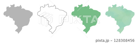 ブラジルの地図シルエットセット（グレー・線画・グリーン・水彩風） 128308456