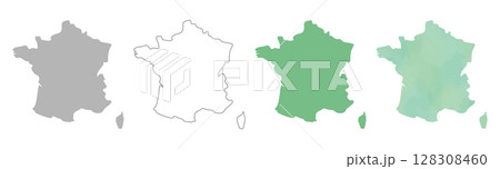 フランスの地図シルエットセット(グレー・線画・グリーン・水彩風) フランスの地図シルエットセット(グレー・線画・グリーン・水彩風) 128308460