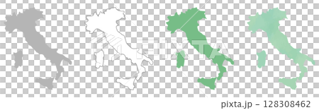 Italy map silhouette set (gray, line drawing, green, watercolor style) 128308462