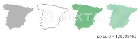 スペインの地図シルエットセット（グレー・線画・グリーン・水彩風） 128308463