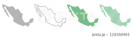 メキシコの地図シルエットセット（グレー・線画・グリーン・水彩風） 128308465