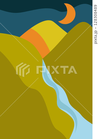 Abstract minimalistic poster. Night, crescent moon, mountain river, forest. Vector illustration for printing on paper, fabric. 128308489