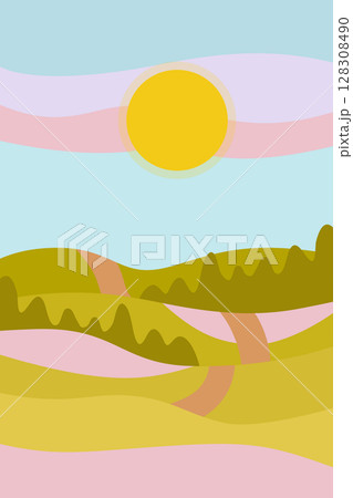 Abstract minimalistic poster. Spring, sun, mountains, forest, haze in the sky and lavender fields. Vector illustration for printing on paper, fabric. Abstract minimalistic poster. Spring, sun, mountains, forest, haze in the sky and lavender fields. Vector illustration for printing on paper, fabric. 128308490