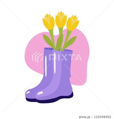Yellow tulips in a vase of boots. Vector illustration for design, printing on paper or fabric. Isolated. Yellow tulips in a vase of boots. Vector illustration for design, printing on paper or fabric. Isolated. 128308492