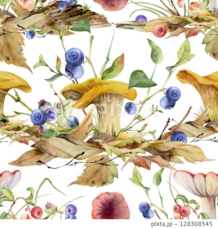 Golden chanterelle girolle mushroom, blueberry berries. Fungi nature seamless pattern hand drawn in watercolor. Forest floor habitat ecosystem on top of fallen autumn leaves pile with twigs, branches 128308545