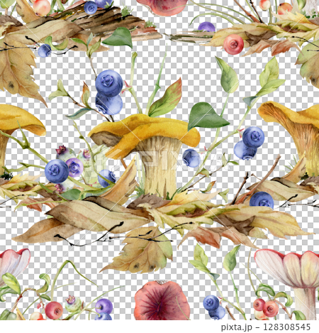Golden chanterelle girolle mushroom, blueberry berries. Fungi nature seamless pattern hand drawn in watercolor. Forest floor habitat ecosystem on top of fallen autumn leaves pile with twigs, branches 128308545