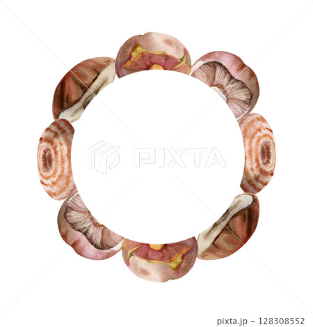 Bolete cep russula suillus mushroom fungi, autumn forest harvest, edible ingredient for vegan cooking. Copy space wreath frame hand drawn in watercolor. Menu list accents, home preserves labels tags 128308552