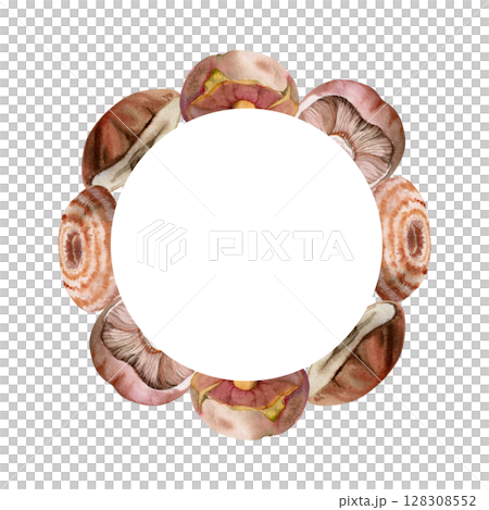 Bolete cep russula suillus mushroom fungi, autumn forest harvest, edible ingredient for vegan cooking. Copy space wreath frame hand drawn in watercolor. Menu list accents, home preserves labels tags 128308552