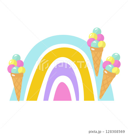 Spring rainbow, decorated with colorful ice cream in a waffle cone. Design for children, postcards, printing on paper or fabric. Vector illustration isolated. 128308569