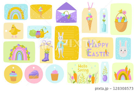 Tags and labels, envelopes spring Happy Easter. With rabbits, chickens, rainbows, ice cream, watering can, rubber boots, flowers, cake. Design for children, postcards, printing on paper or fabric. 128308573