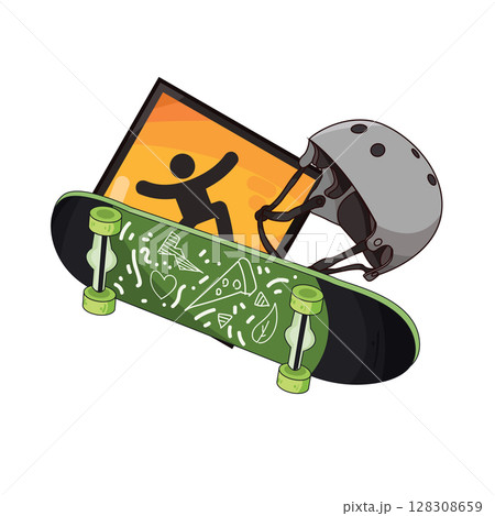 illustration of skateboard with helmet 128308659
