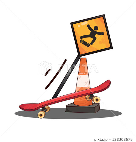 illustration of skateboard with traffic cone and skateboard area sign illustration of skateboard with traffic cone and skateboard area sign 128308679