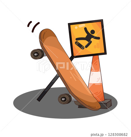 illustration of skateboard with traffic cone and skateboard area sign illustration of skateboard with traffic cone and skateboard area sign 128308682