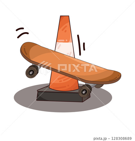 illustration of skateboard with traffic cone  128308689