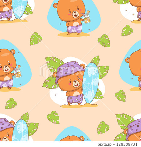 Seamless pattern with Cute bear beachgoer surfer and Animal relaxing with drink cocktail on beige background. Funny summer Beach kawaii character. Vector illustration. Kids collection. Not AI 128308731